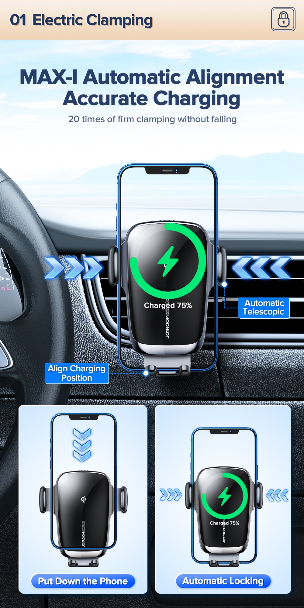 Suporte de telefone de carro com carregamento sem fio Qi de 15W e alinhamento automático Joyroom