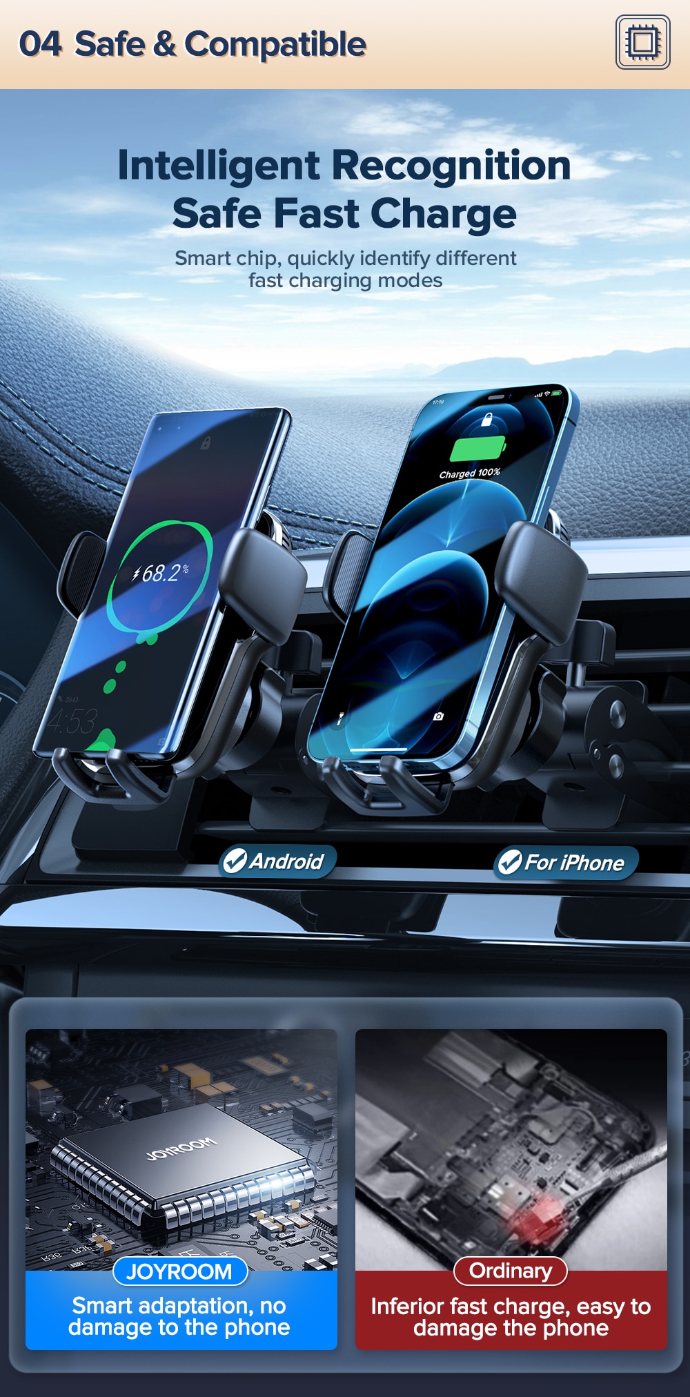 Suporte de telefone de carro com carregamento sem fio Qi de 15W e alinhamento automático Joyroom